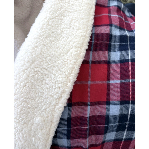 LANDS END Size Large 14-16 Red Plaid Cotton Flannel Sherpa Lined Bath Robe Cozy - Picture 11 of 15
